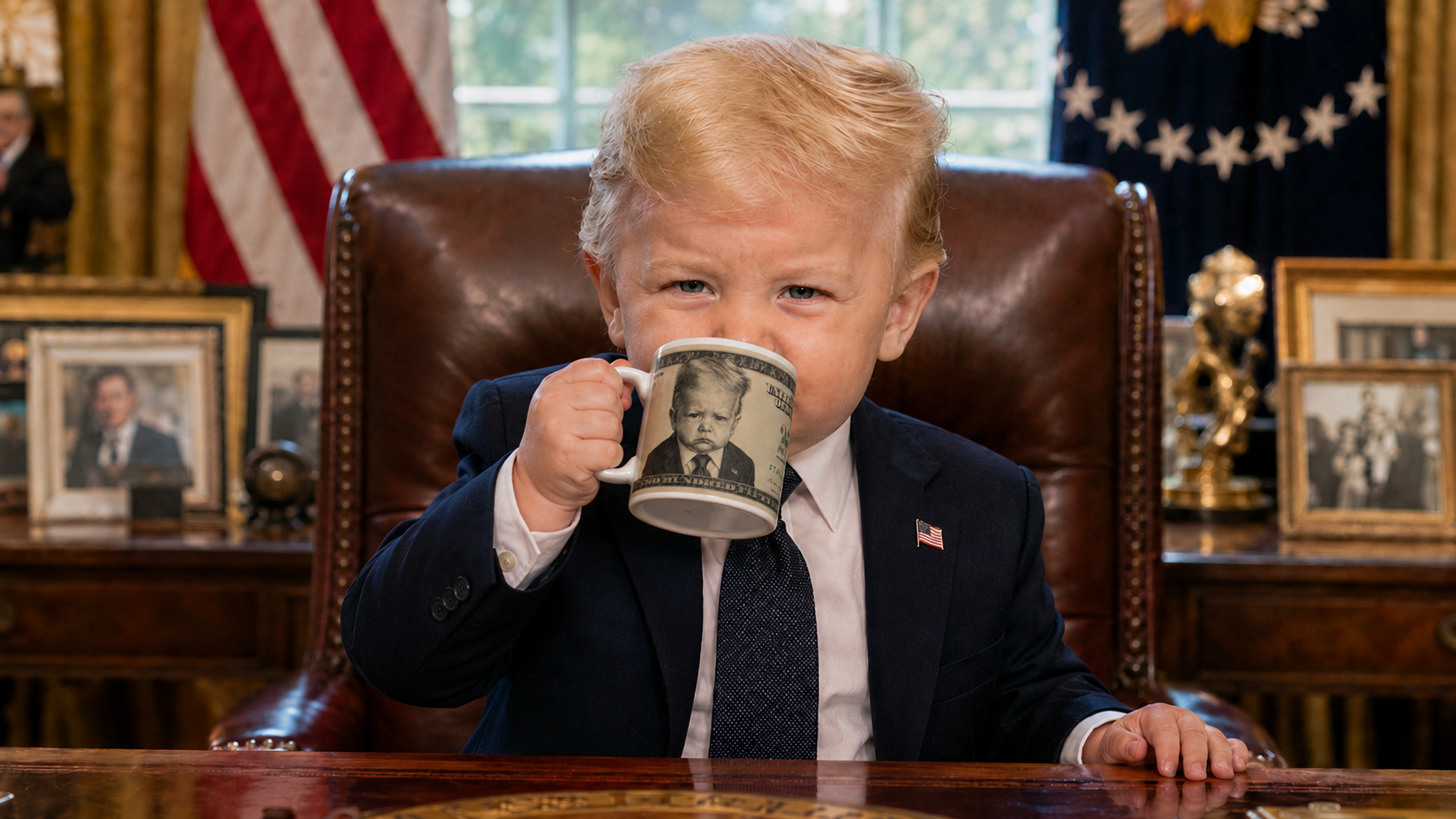 Baby Trump drinking coffee from a Diaper Diplomacy $250 bill mug