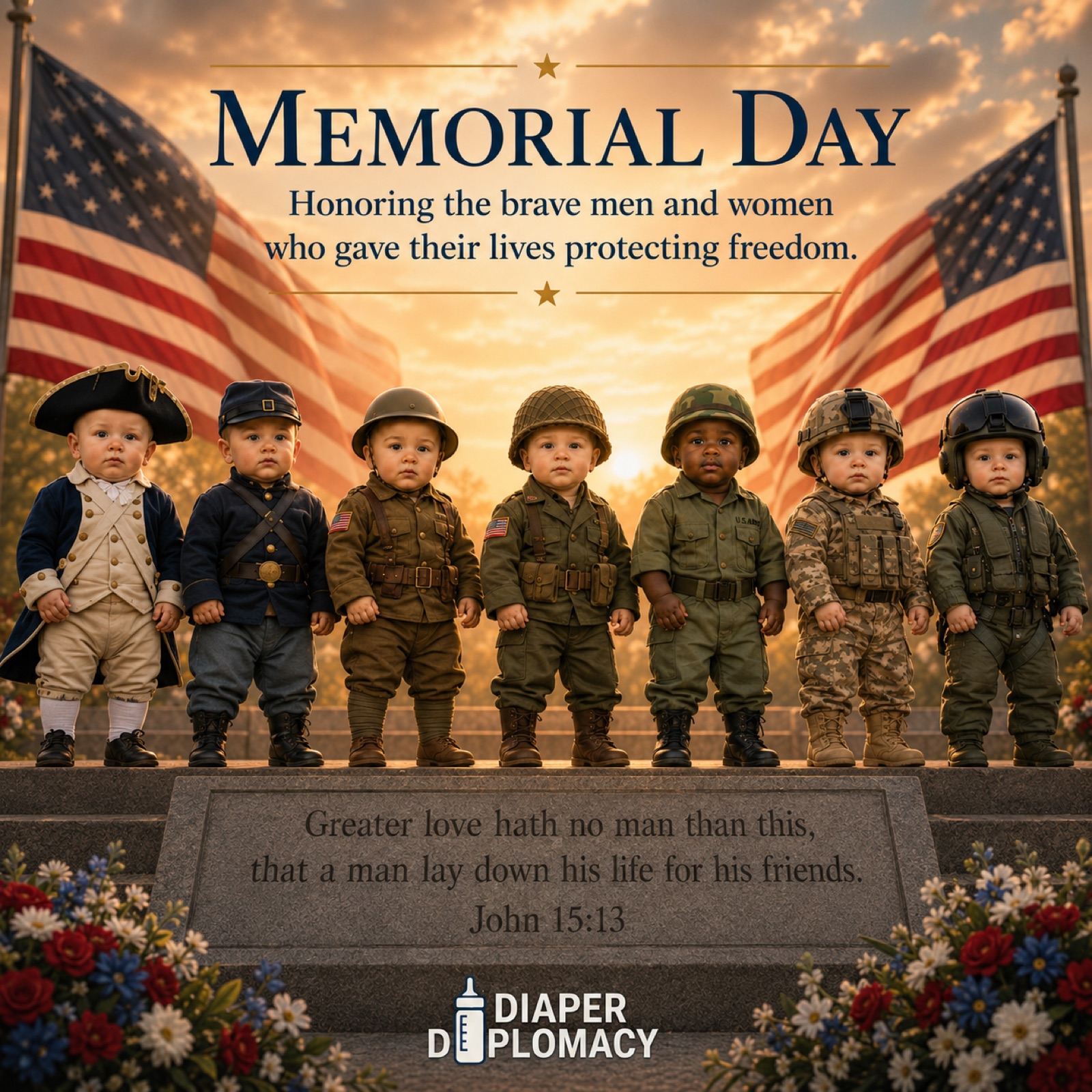 Memorial Day tribute artwork with the John 15:13 inscription