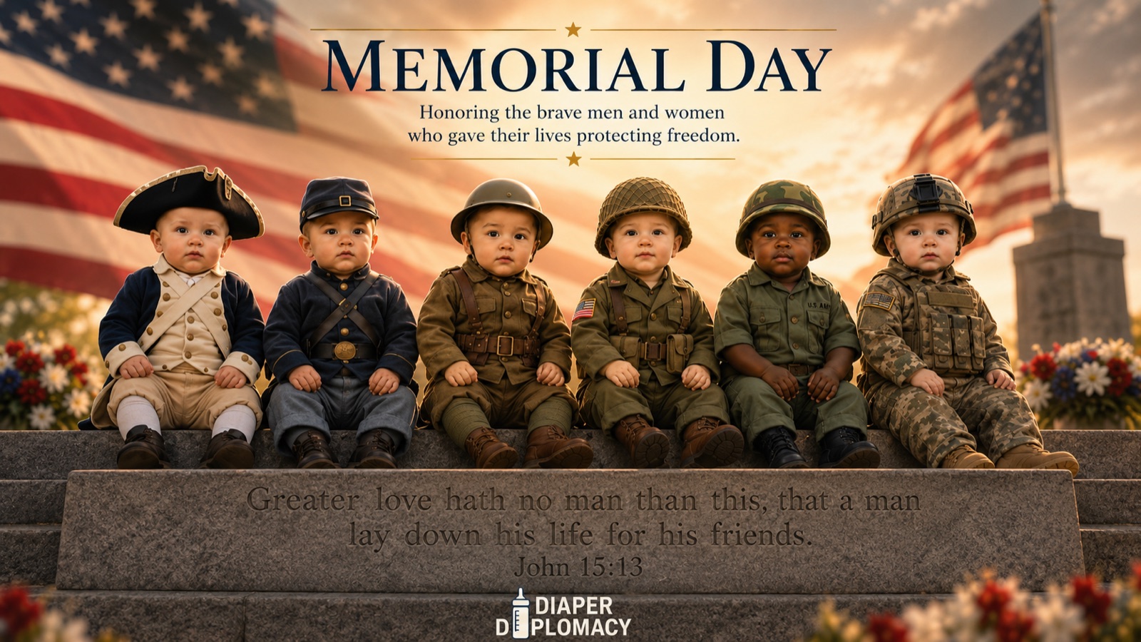 Memorial Day tribute with baby service members and American flags