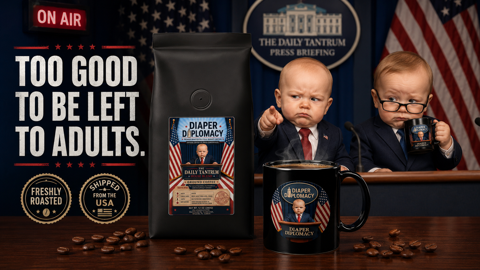 Diaper Diplomacy coffee bag and mug in a briefing room