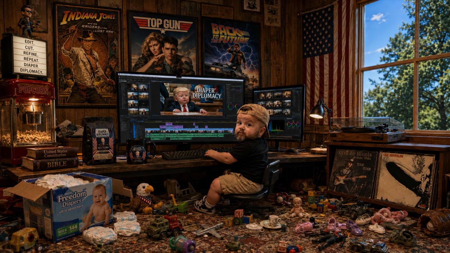Diaper Diplomacy late-night editing desk with diapers, family toys, and production screens