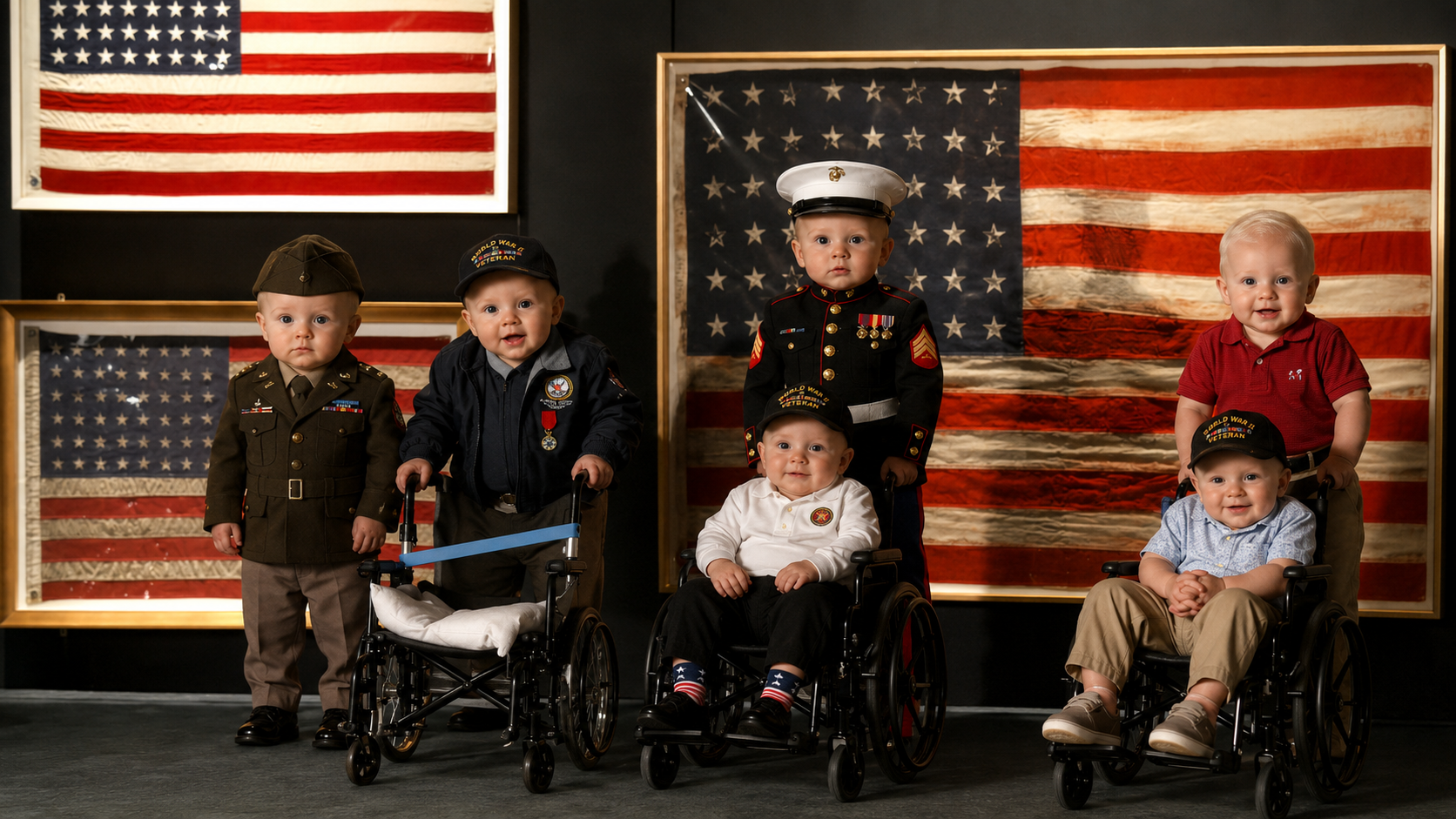 Baby veterans and service members in a museum-style flag gallery