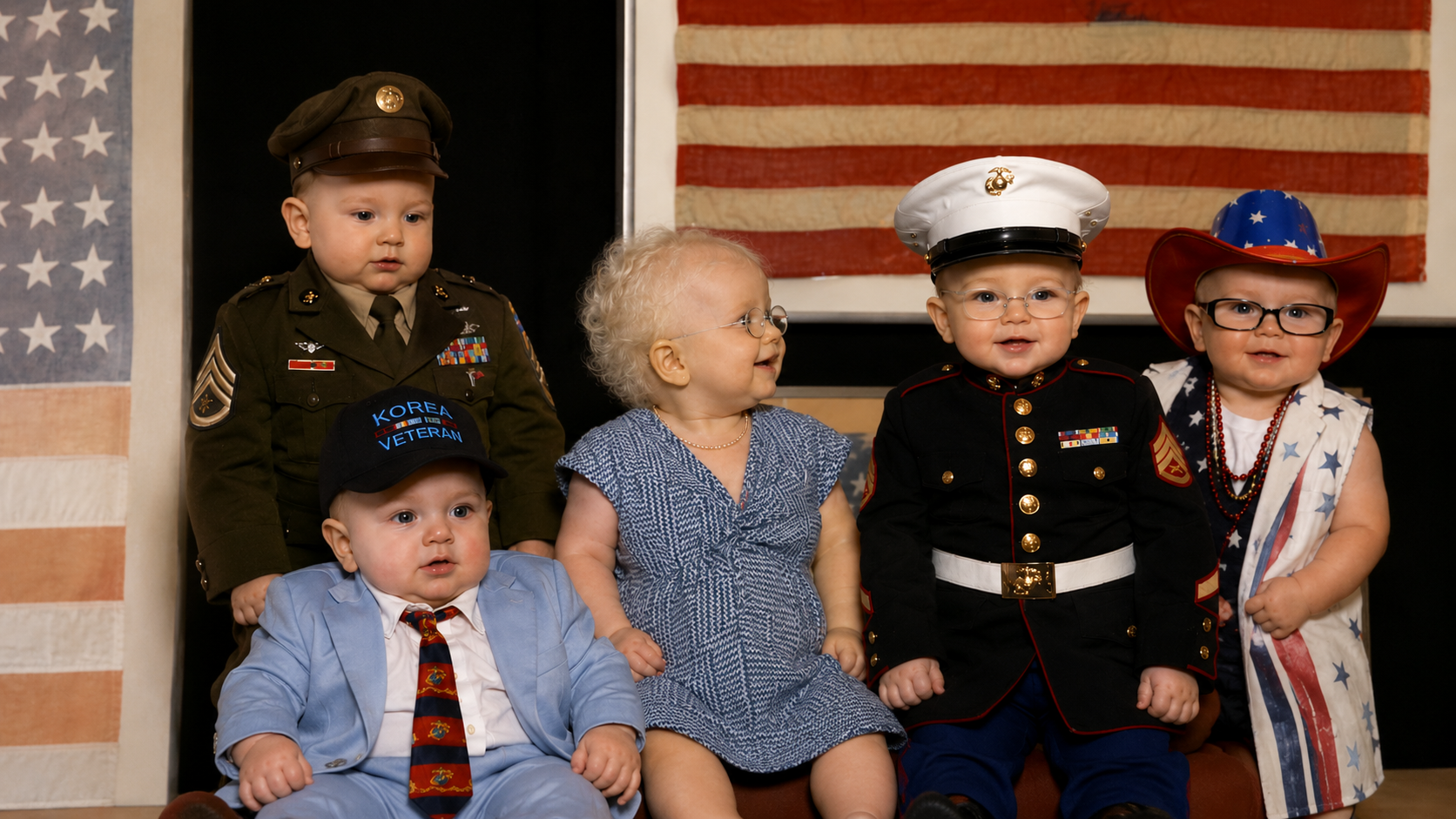 Baby veterans and service members gathered before historic American flags