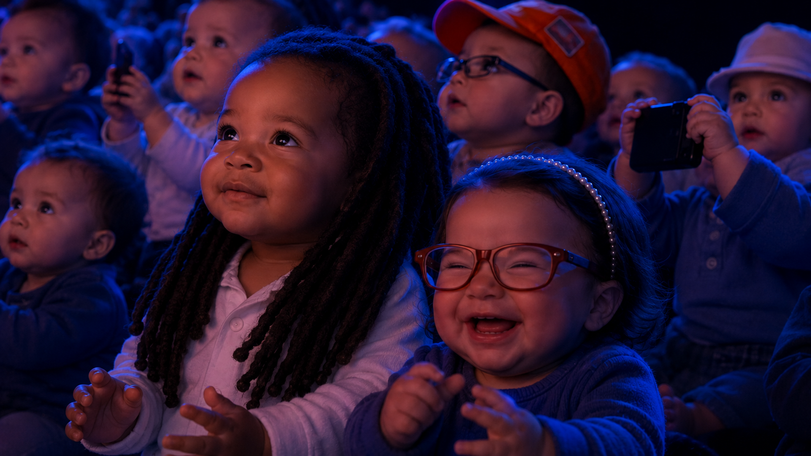 Babies in blue concert light watching the finale