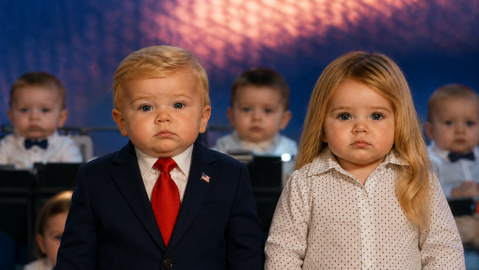 Baby president and companion standing before a patriotic Washington DC celebration stage