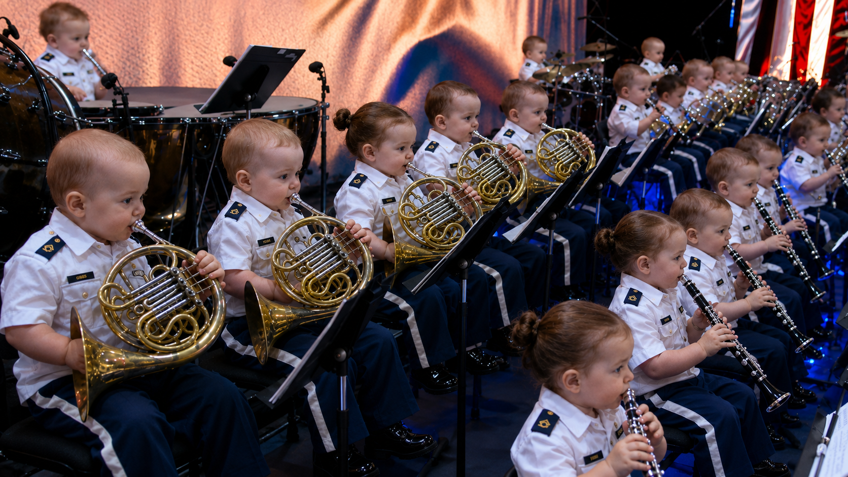 Baby horn and clarinet section playing under stage lights