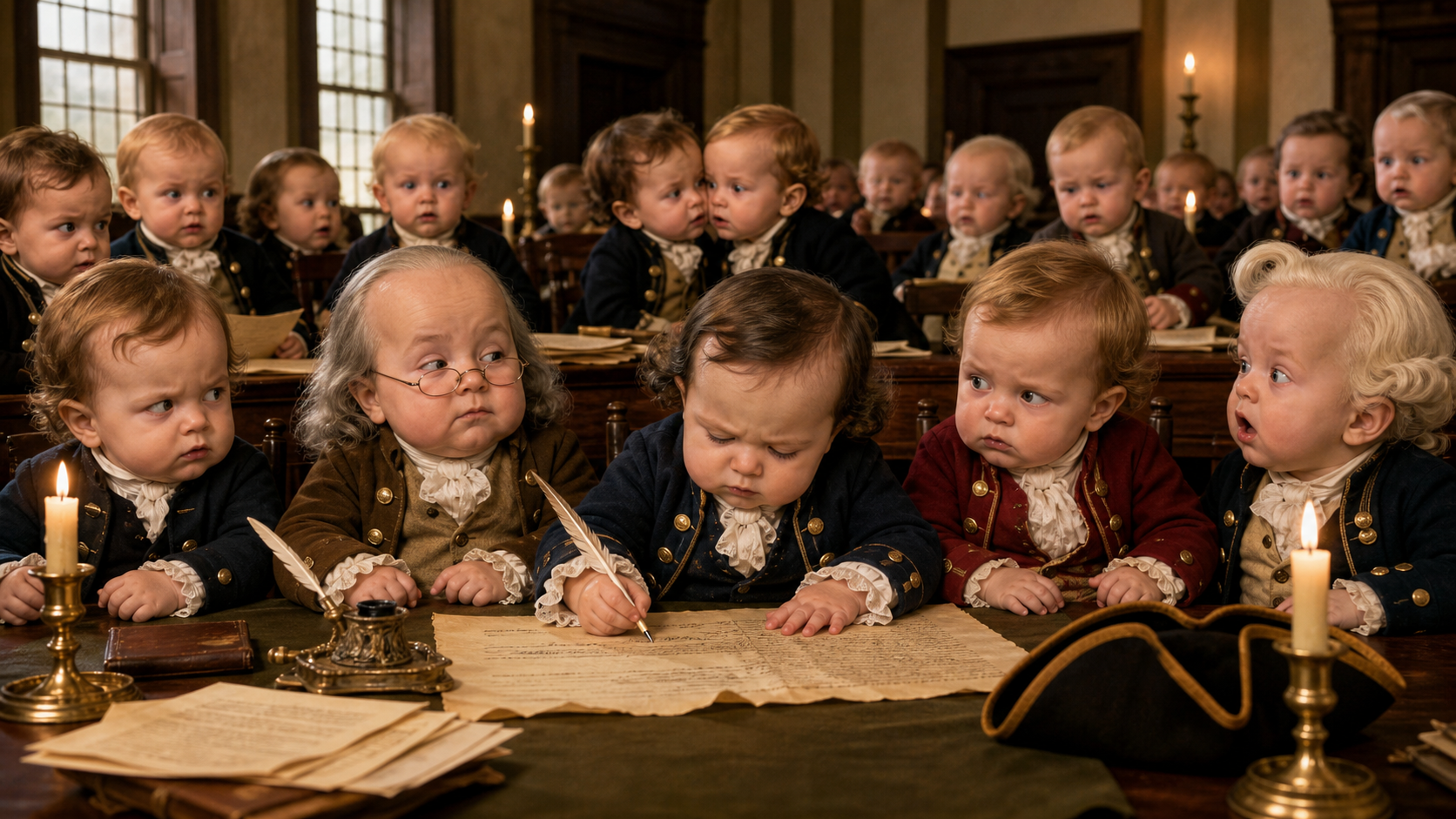 Baby delegates in Independence Hall reviewing the Declaration of Independence paperwork